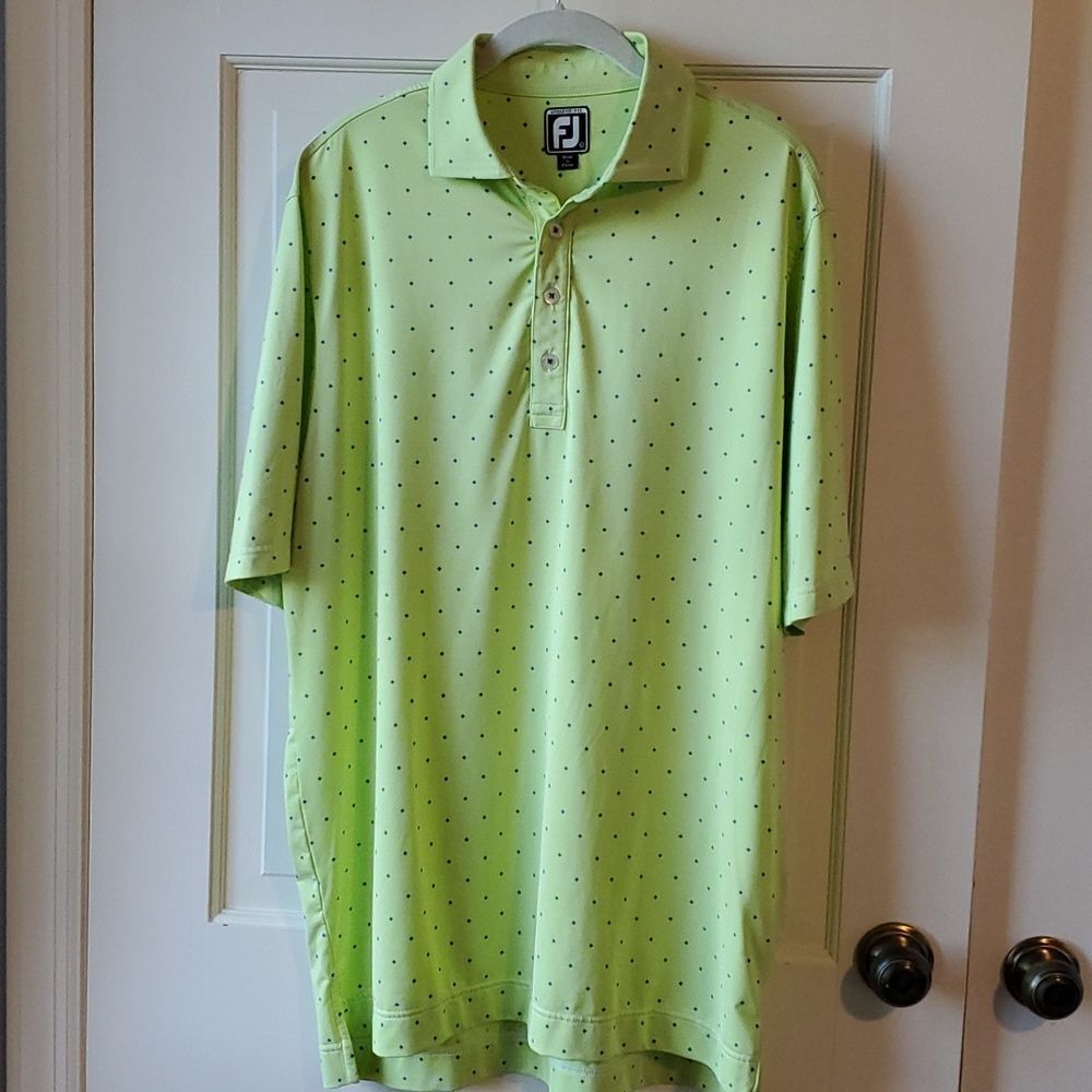 FOOTJOY LIME GREEN GOLF POLO SHIRT BLUE SQUARE DOTS SIZE LARGE ATHLETIC FIT